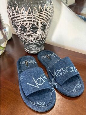 Versace Denim Blue Logo Slide Sandals